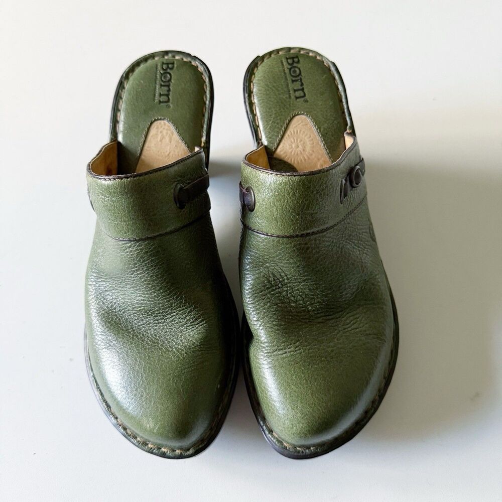 Vintage Y2K Boho Artisan Clogs Moss Green Leather Born Mules Heels Size 9 Womens - Picture 2 of 12